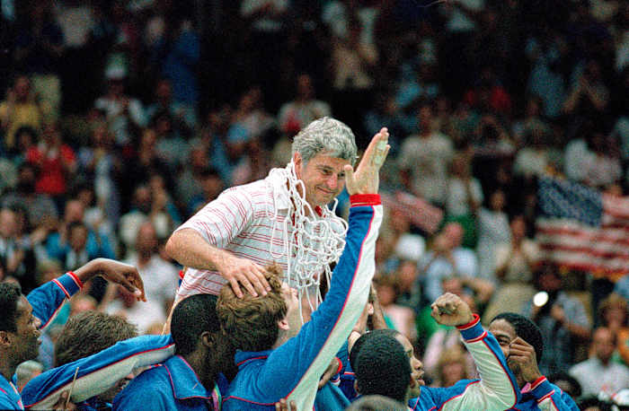 Smith and Knight cut plenty of nets in their careers, such as at the 1979 ACC tournament (top) and’84 Olympics.